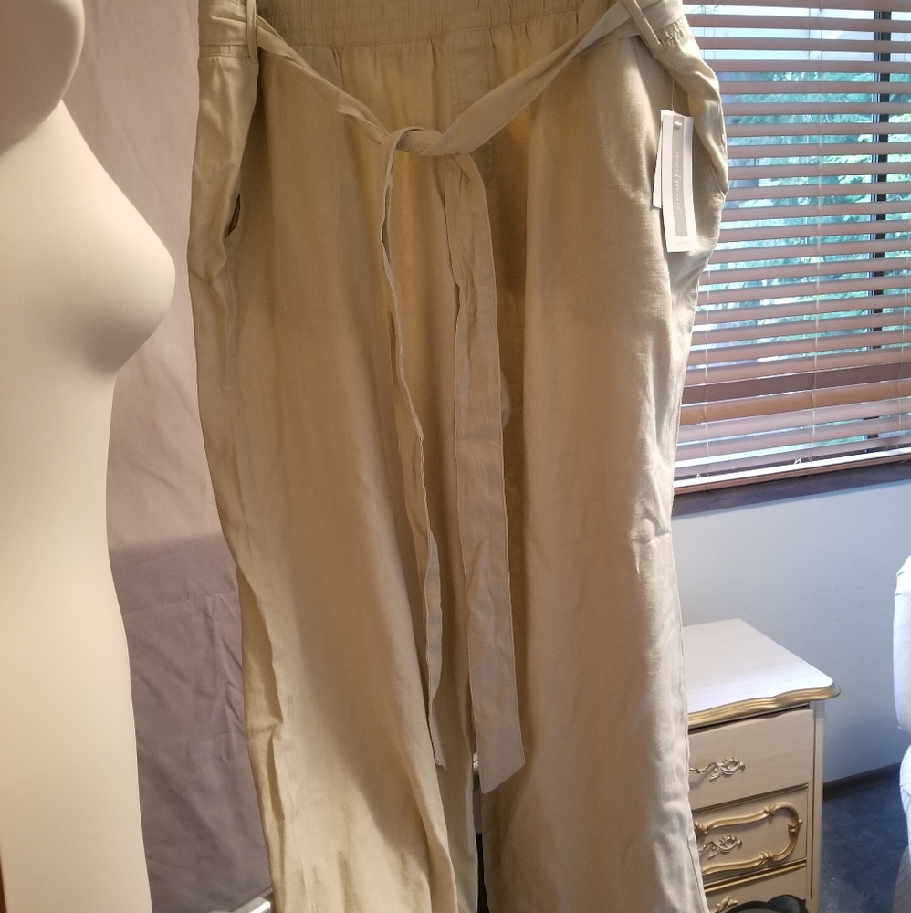 Linen blend full length pants, elastic waist